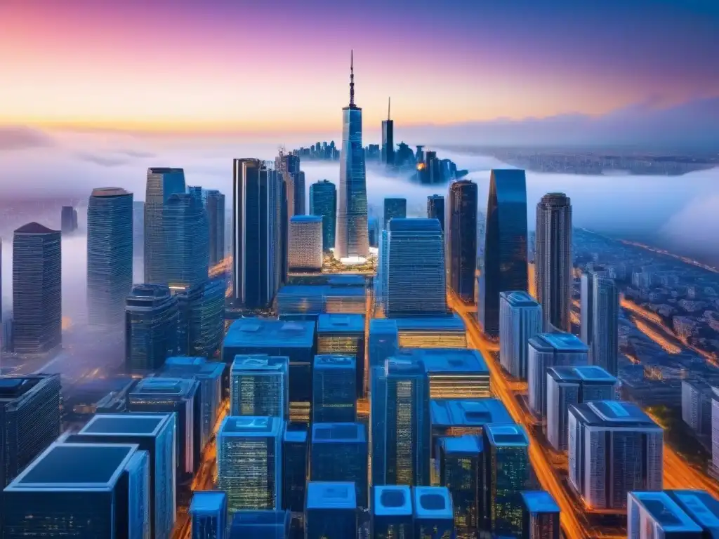 Innovación inmobiliaria: criptomonedas en la ciudad futurista Futurista ciudad con rascacielos y blockchain, simbolizando inversiones inmobiliarias internacionales con blockchain