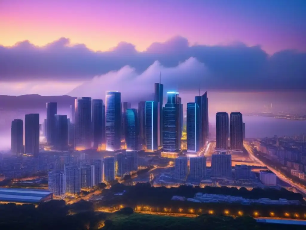 Innovación empresarial: ciudad futurista al atardecer Futurista ciudad al anochecer, con rascacielos brillantes y luces de neón, simbolizando salidas creativas en inversiones y ganancias