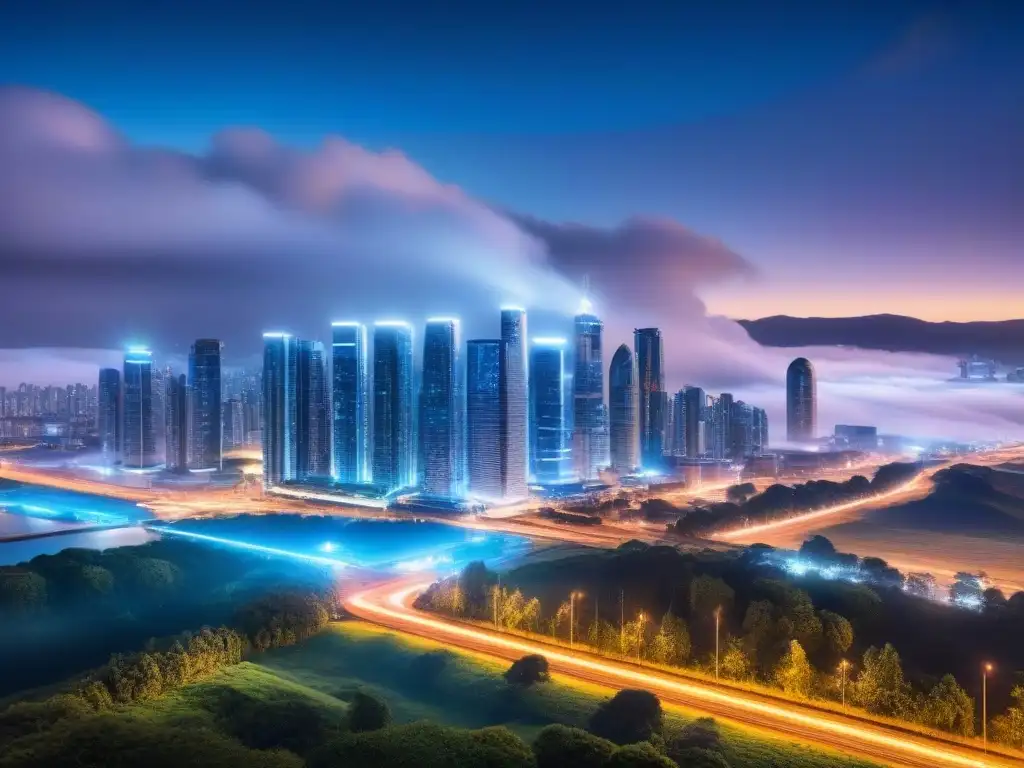 Metrópolis futurista: innovación blockchain en bienes raíces Futurista ciudad con rascacielos brillantes y patrones de blockchain, innovando en mercado inmobiliario internacional