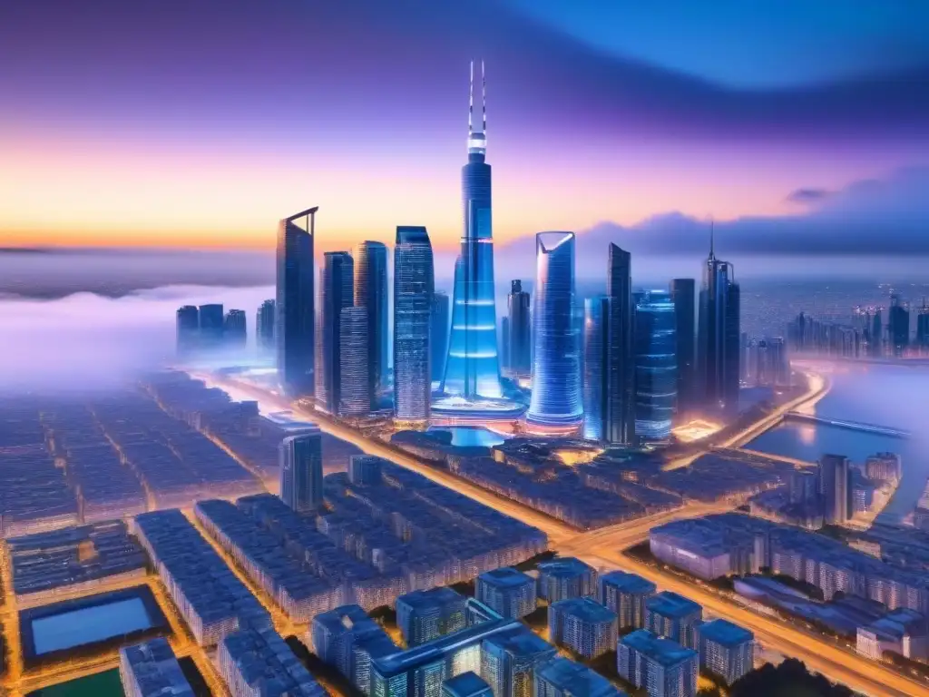 Metrópolis futurista: luces y hologramas en 8k Futurista ciudad al anochecer con rascacielos brillantes y tecnología avanzada