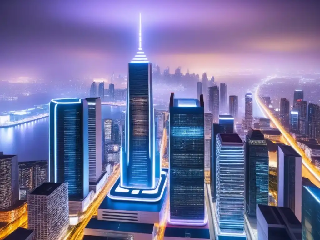 Metrópolis Futurista: Transacciones Blockchain en Tiempo Real Futurista ciudad con rascacielos conectados y pantallas digitales mostrando transacciones de Blockchain en mercado inmobiliario internacional