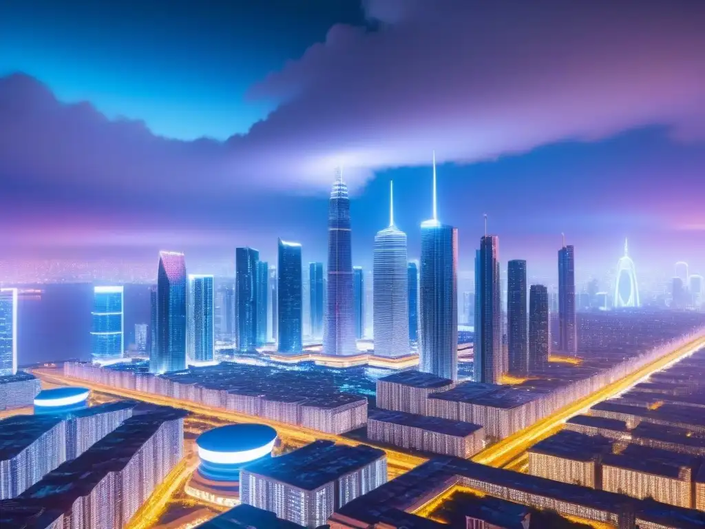Metrópolis futurista: rascacielos interconectados por blockchain Futurista ciudad con rascacielos conectados por redes blockchain, reflejando innovación en inversiones inmobiliarias internacionales