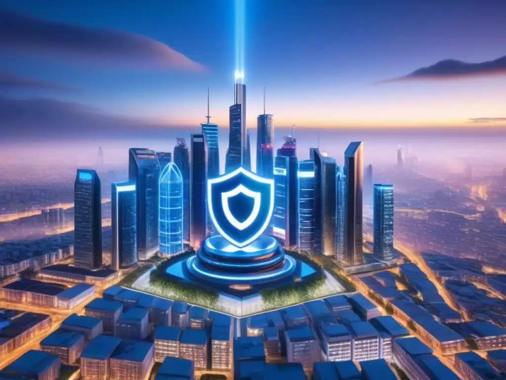 Metrópolis futurista: ciberseguridad en el mercado inmobiliario Futurista ciudad con rascacielos conectados y ciberseguridad, reflejando la innovación en Seguridad cibernética en inversiones inmobiliarias