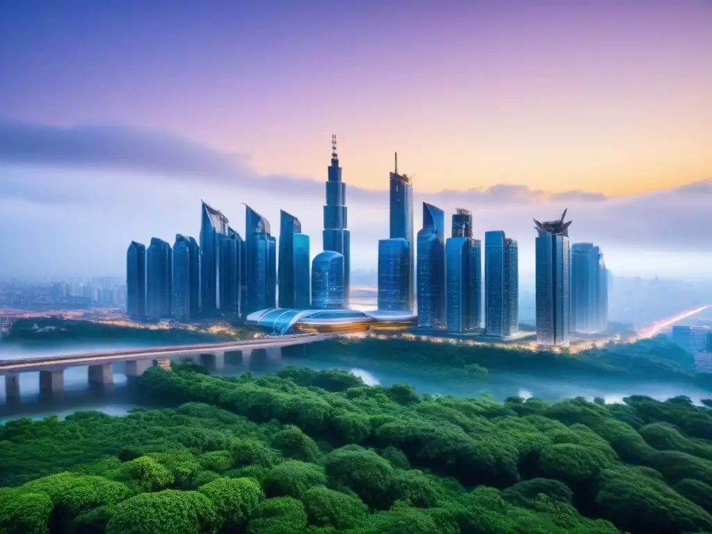 Cityscape futurista: rascacielos verdes en 8k Futurista ciudad con rascacielos conectados y vegetación avanzada, fusionando tecnología y naturaleza al anochecer