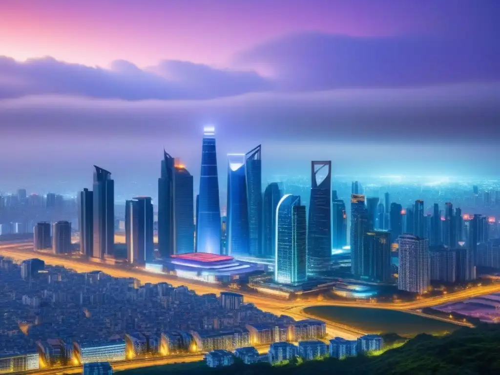 Skyline futurista: integración global y progreso inmobiliario Futurista ciudad con rascacielos conectados iluminados en Sinergias postfusión mercado inmobiliario internacional