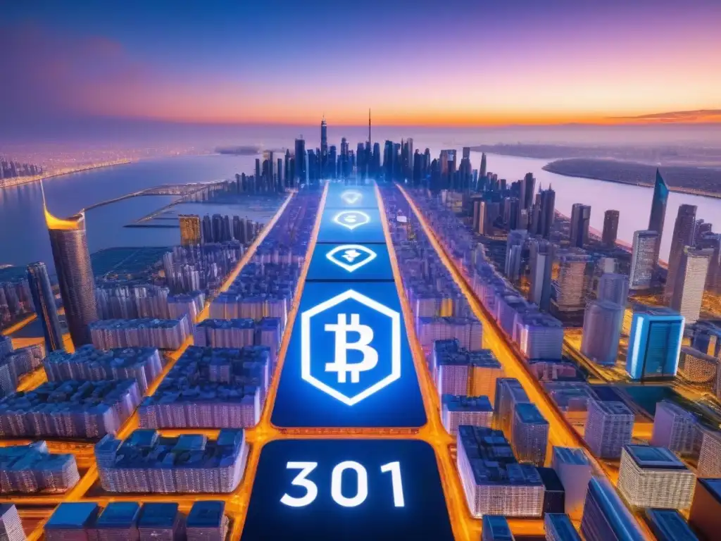 Metrópolis futurista: inversión inmobiliaria y criptomonedas Futurista ciudad con rascacielos y criptomonedas, reflejando la inversión inmobiliaria internacional con criptomonedas