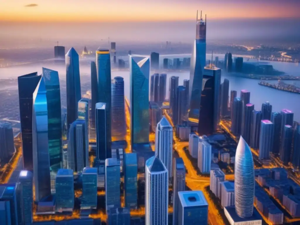 Skyline cripto: Edificios futuristas con símbolos de criptomonedas Futurista ciudad con rascacielos de criptomonedas y transacciones inmobiliarias en blockchain en mercado inmobiliario internacional