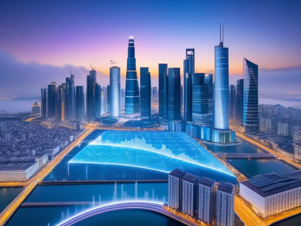 Metrópolis futurista: rascacielos con datos de criptomonedas en tiempo real Futurista ciudad con rascacielos y datos de mercado criptomonedas, conectando inversión criptomonedas bienes raíces