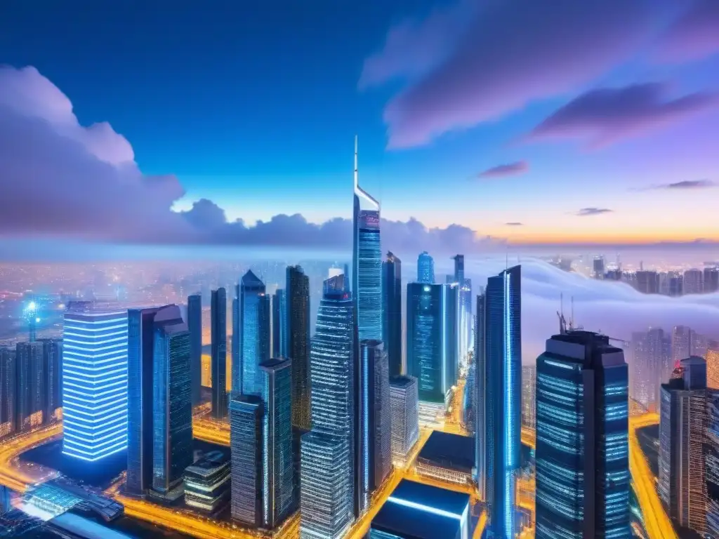 Metrópolis futurista: propiedades en la nube Futurista ciudad con rascacielos digitales iluminados