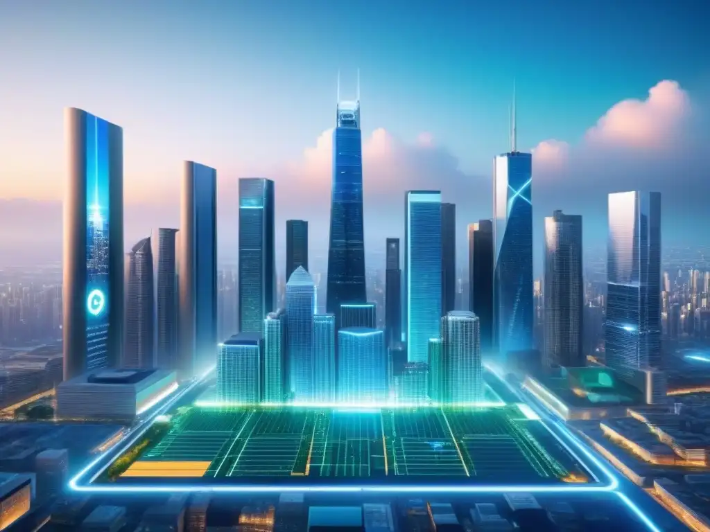 Metrópolis futurista: fusión de criptomonedas y bienes raíces Futurista ciudad con rascacielos digitales y drones, reflejando el impacto criptomonedas mercado inmobiliario