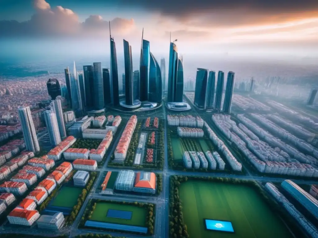 Metrópolis futurista en Europa del Este: tecnología y modernidad Futurista ciudad en Europa del Este: rascacielos digitales, autos inteligentes y espacios verdes