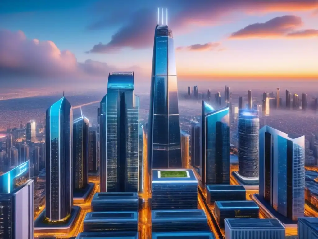 Metrópolis futurista: tecnología y automación inmobiliaria en 8k Futurista ciudad con rascacielos digitales y drones, reflejo de Automatización en mercado inmobiliario internacional