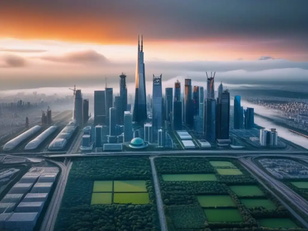 Metrópolis futurista: armonía entre naturaleza y tecnología Futurista ciudad con rascacielos y energía renovable, simbolizando estrategias de inversión en terrenos sin desarrollar