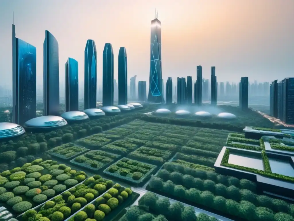 Metrópolis futurista: tecnología y naturaleza en armonía Futurista ciudad con rascacielos, vegetación exuberante y tecnología AI