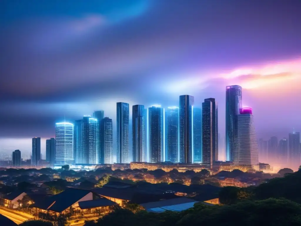 Metrópolis Futurista: Fusiones en el Mercado Inmobiliario Internacional Futurista ciudad con rascacielos fusionados en mercado inmobiliario internacional