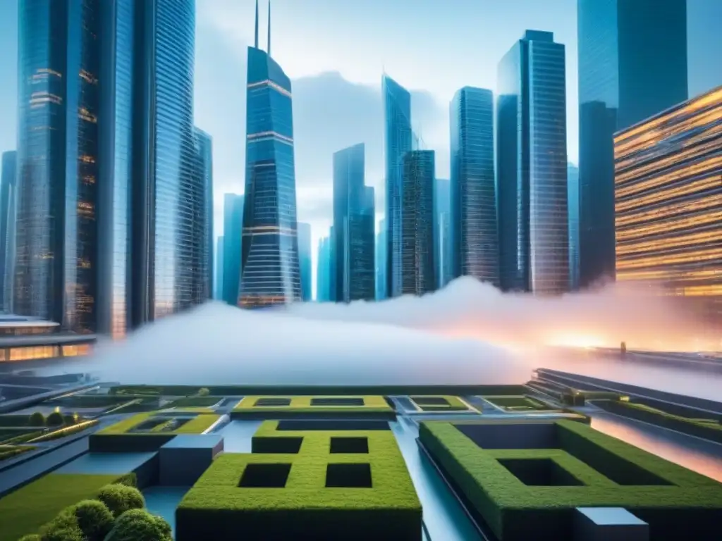 Cityscape futurista de la fusión de rascacielos: global real estate Futurista ciudad de rascacielos fusionados, representando fusiones y adquisiciones inmobiliarias globales