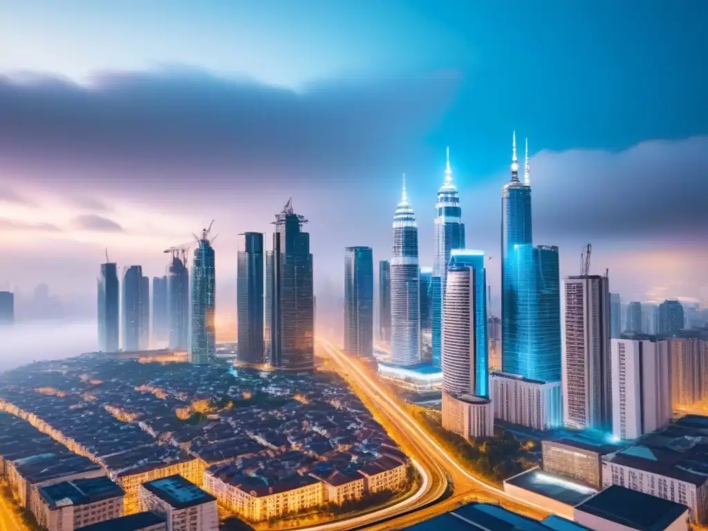 Horizonte urbano futurista: inversión inmobiliaria en ciudad tecnológica Futurista ciudad con rascacielos iluminados, reflejo de las mejores leyes de propiedad para extranjeros