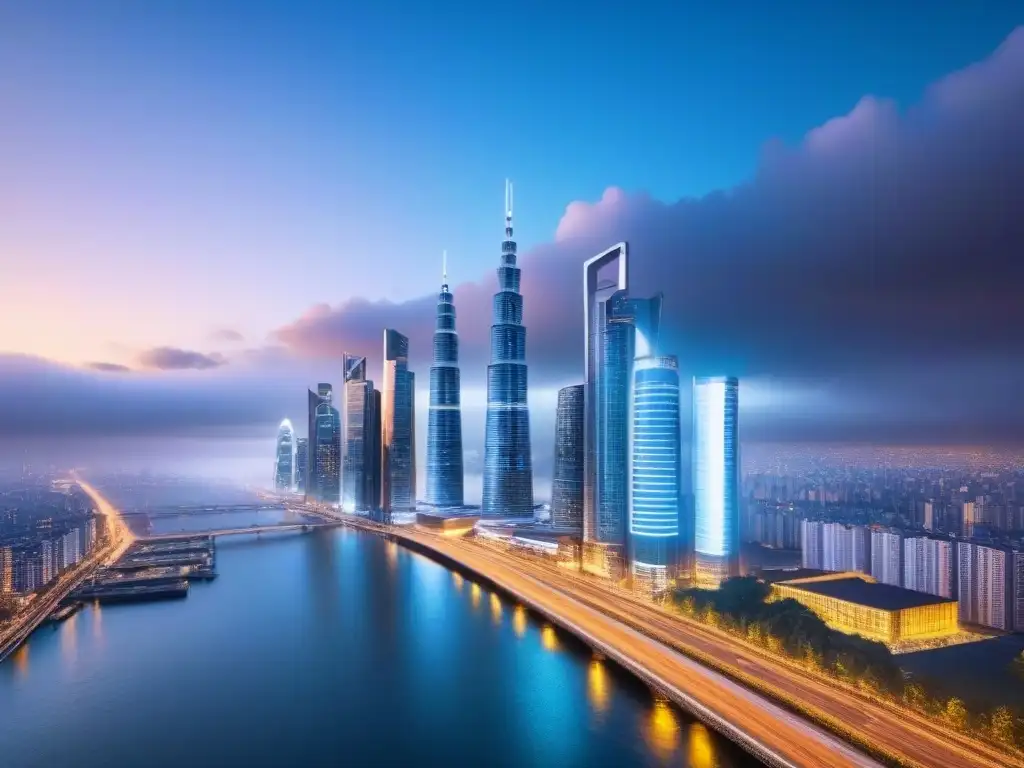 Metrópolis futurista: tecnología y valor inmobiliario Futurista ciudad con rascacielos iluminados y tecnología avanzada, mostrando Automatización en valoración de propiedades