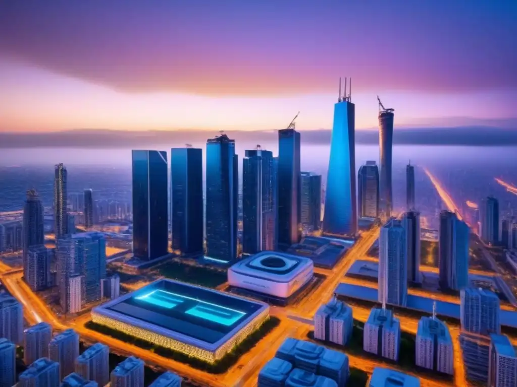Metrópolis futurista: Inteligencia artificial en inversión inmobiliaria Futurista ciudad al anochecer con rascacielos iluminados y drones AI, simbolizando la integración de la inteligencia artificial en la predicción de riesgos en inversión