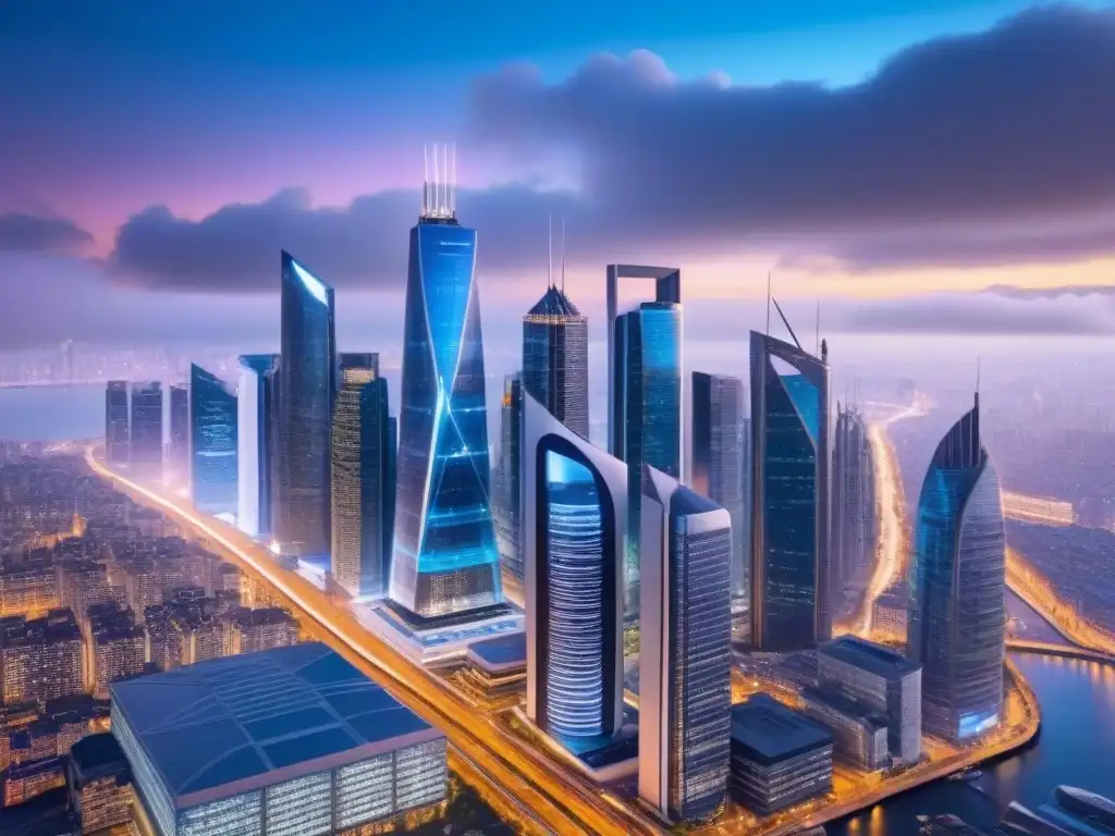Innovación inmobiliaria: skyline futurista con Big Data Futurista ciudad al anochecer, con rascacielos iluminados y pantallas digitales mostrando datos del mercado inmobiliario