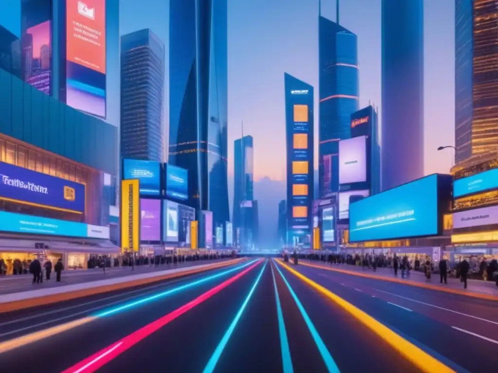 Metrópolis futurista: rascacielos iluminados en neon Futurista ciudad con rascacielos iluminados por luces neón, reflejando innovación y tecnología