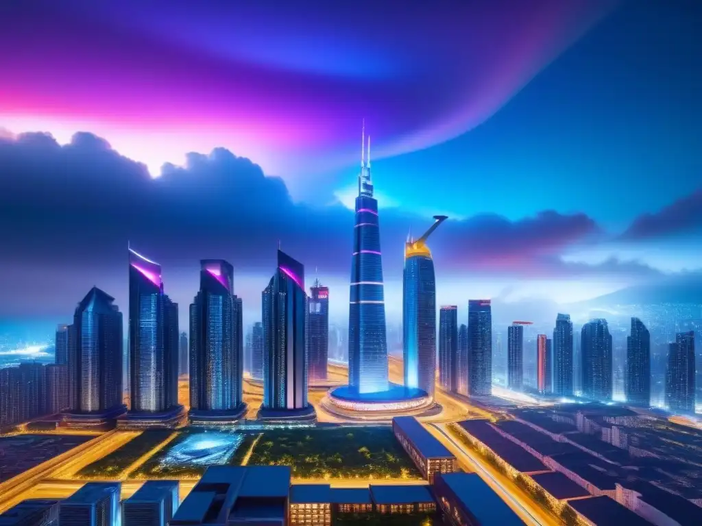 Metrópolis futurista: skyline nocturno ultradetallado en 8k Futurista ciudad con rascacielos iluminados en atardecer, evocando innovación en inversiones inmobiliarias internacionales