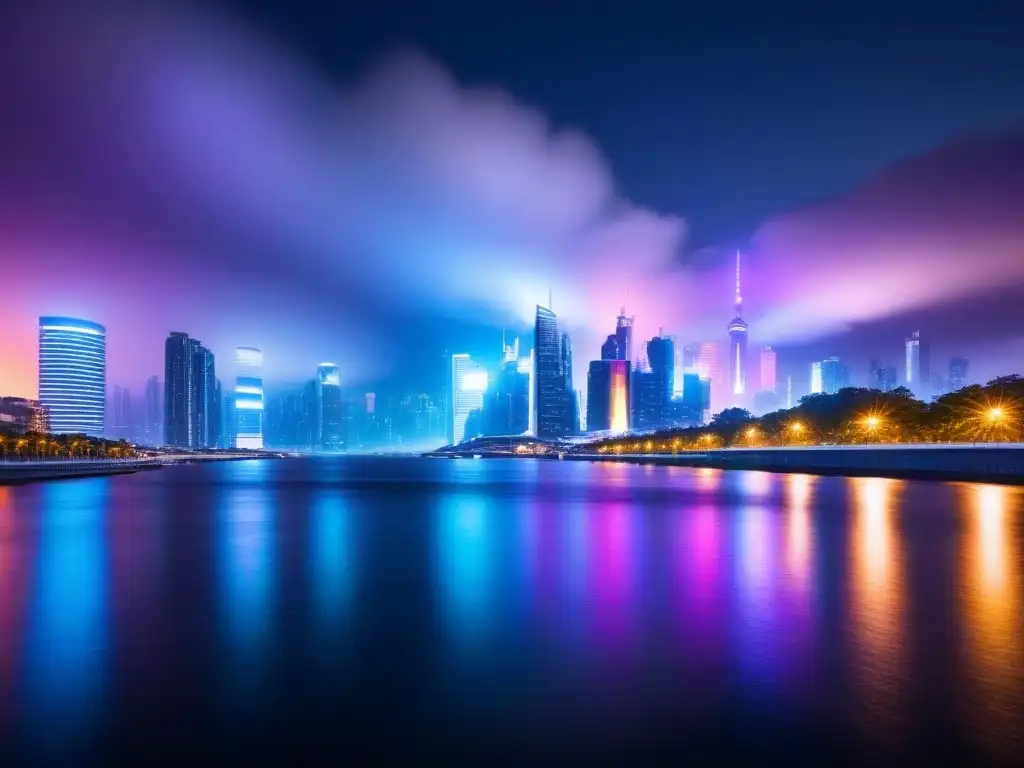 Metrópolis futurista en 8k: luces neón y transporte innovador Futurista ciudad con rascacielos iluminados y transporte avanzado, reflejados en un río tranquilo al anochecer