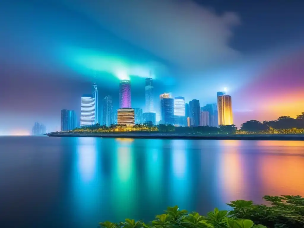 Skyline futurista iluminado: arquitectura moderna y armonía verde Futurista ciudad al anochecer, con rascacielos iluminados y reflejos en el agua, simbolizando sinergias postfusión mercado inmobiliario internacional