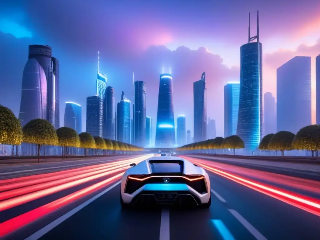 Metrópolis futurista: luces neon y vehículos autónomos Futurista ciudad con rascacielos iluminados por luces neón