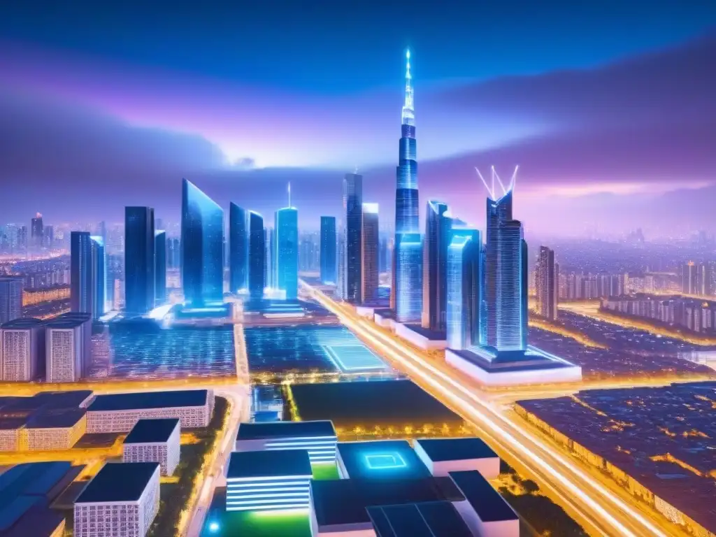 Skyline futurista: blockchain revoluciona inversión inmobiliaria Futurista ciudad con rascacielos iluminados por luces de neón, integra tecnología blockchain en inversiones inmobiliarias globales