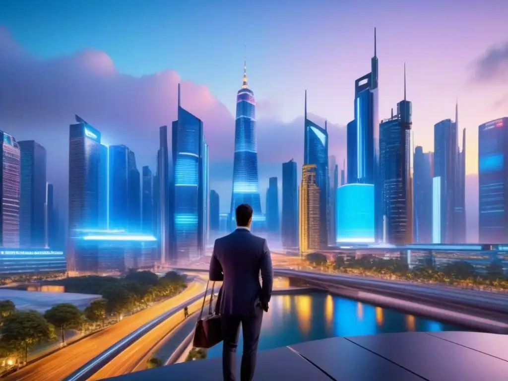 Metrópolis futurista: conectividad y tecnología en la era digital Futurista ciudad al anochecer, rascacielos iluminados por luces neón, gente conectada en smartphones