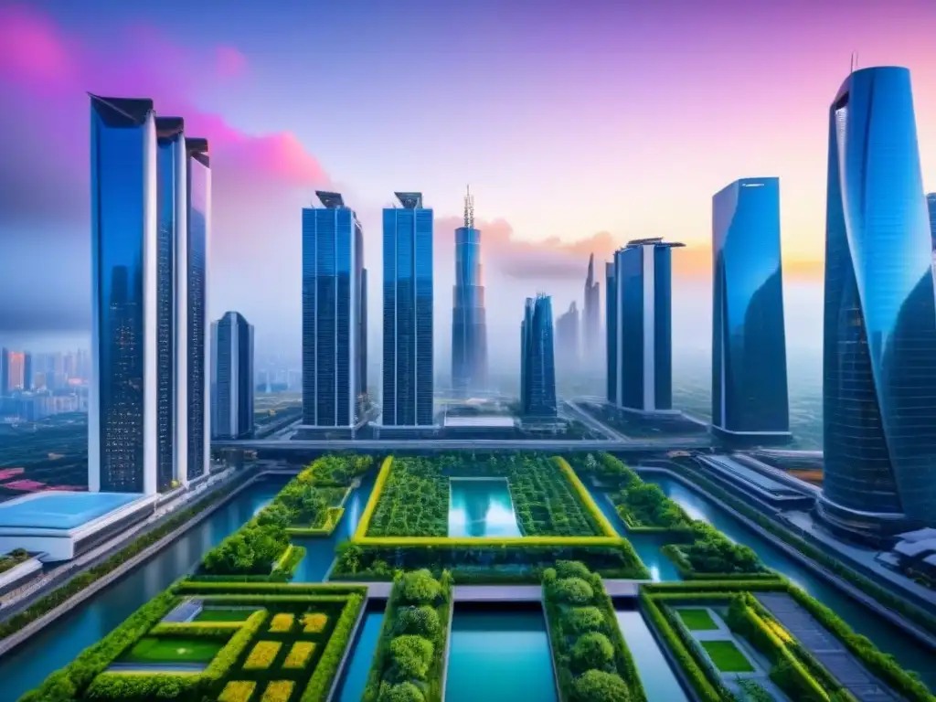 Metrópolis futurista: innovación y sostenibilidad en 8k Futurista ciudad con rascacielos innovadores, jardines verticales y luces de colores