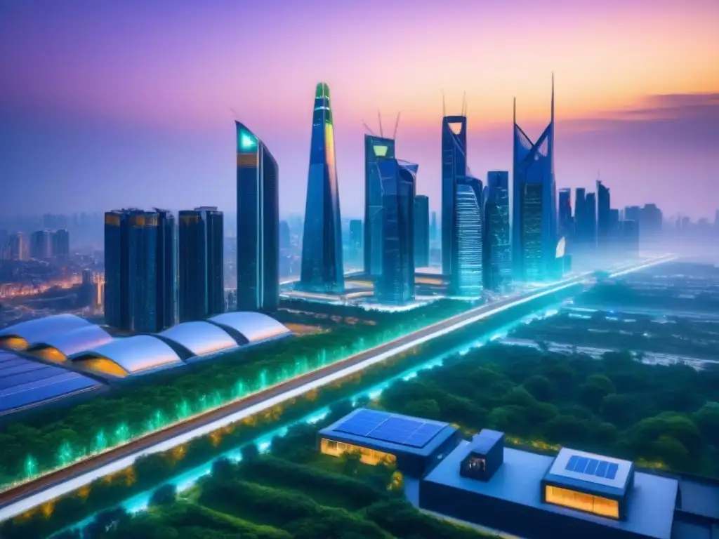 Horizonte urbano futurista con tecnología verde y drones Futurista ciudad con rascacielos innovadores y tecnología inteligente, reflejando las Tendencias PropTech mercado inmobiliario internacional