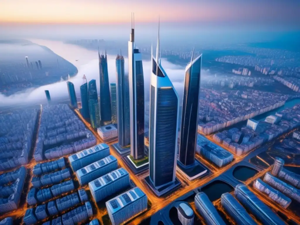 Cityscape futurista en Europa del Este: mezcla de tradición y modernidad Futurista ciudad del Este de Europa con rascacielos innovadores, calles llenas de vehículos autónomos