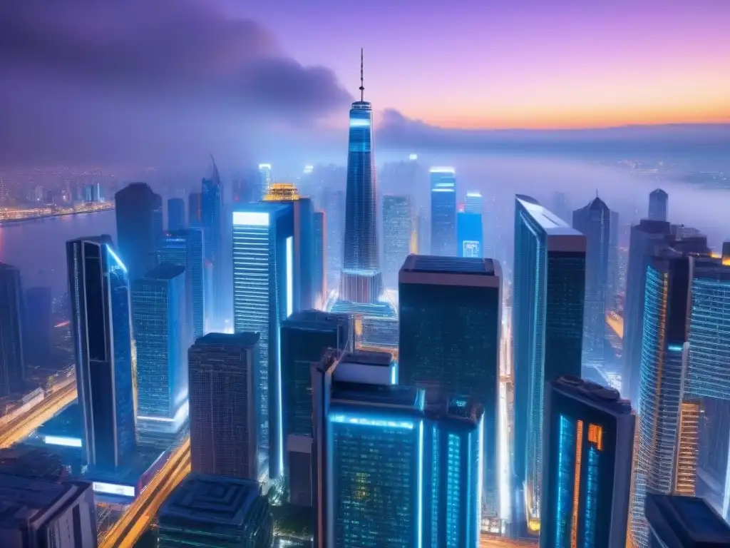 Cityscape futurista: avances PropTech en inmobiliaria Futurista ciudad con rascacielos integrados con tecnología avanzada y luces neón, reflejando Herramientas PropTech para inversionistas