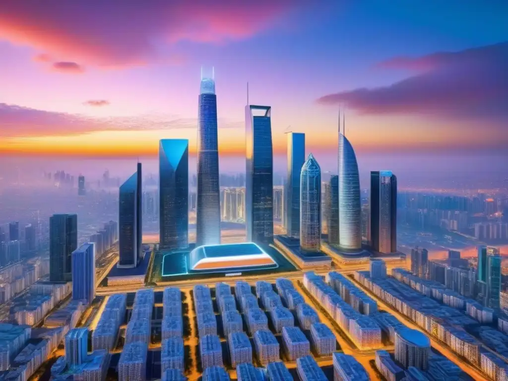 Cityscape blockchain: Integración tecnológica en el sector inmobiliario Futurista ciudad con rascacielos integrados con tecnología blockchain, drones y atardecer vibrante