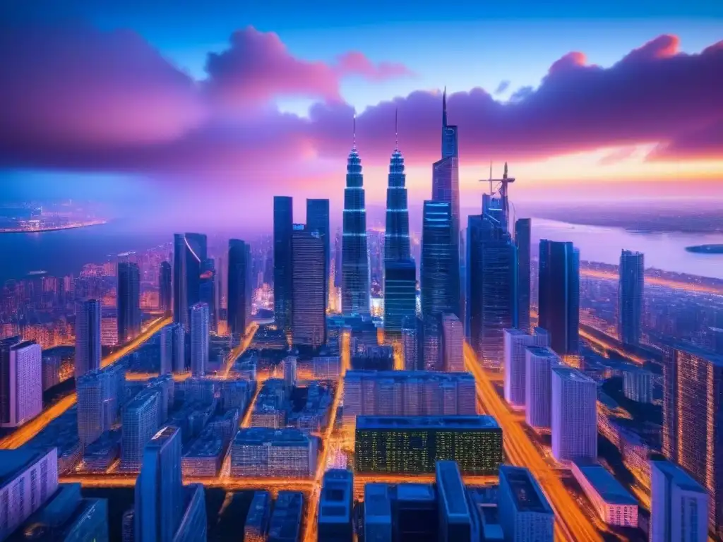 Metrópolis futurista: arquitectura digital y luces neón en 8k Futurista ciudad con rascacielos interconectados por redes tecnológicas, fusionando tecnología en fusiones inmobiliarias internacionales
