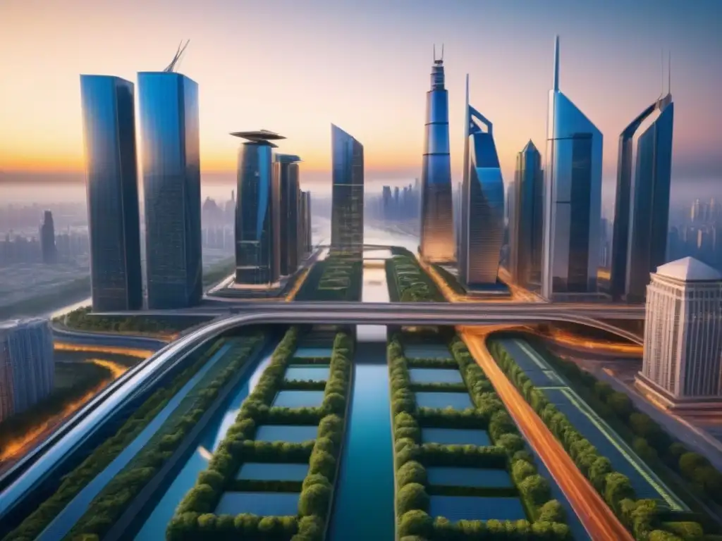 Metrópolis futurista: arquitectura sostenible y naturaleza fusionadas Futurista ciudad con rascacielos interconectados por puentes de cristal, fusionando naturaleza y tecnología al atardecer