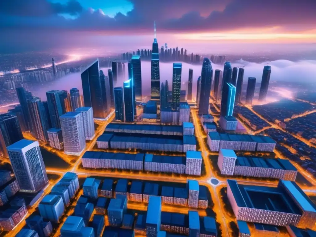 Metrópolis futurista: Fusión blockchain en la inversión inmobiliaria Futurista ciudad con rascacielos interconectados por líneas de código, destaca la ciberseguridad en la inversión inmobiliaria internacional