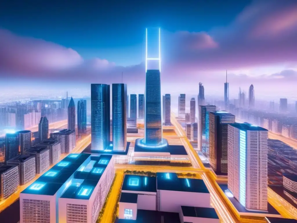 Metrópolis futurista con tecnología blockchain Futurista ciudad con rascacielos interconectados por pasarelas transparentes, integrando tecnología blockchain en la infraestructura