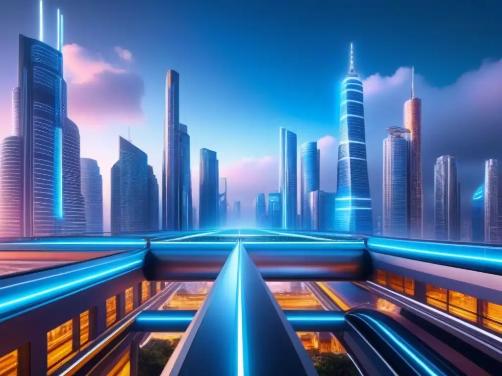 Futurista ciudad 8k con rascacielos vanguardistas y transportes avanzados Futurista ciudad con rascacielos interconectados por puentes de cristal, vehículos voladores y trenes de levitación magnética