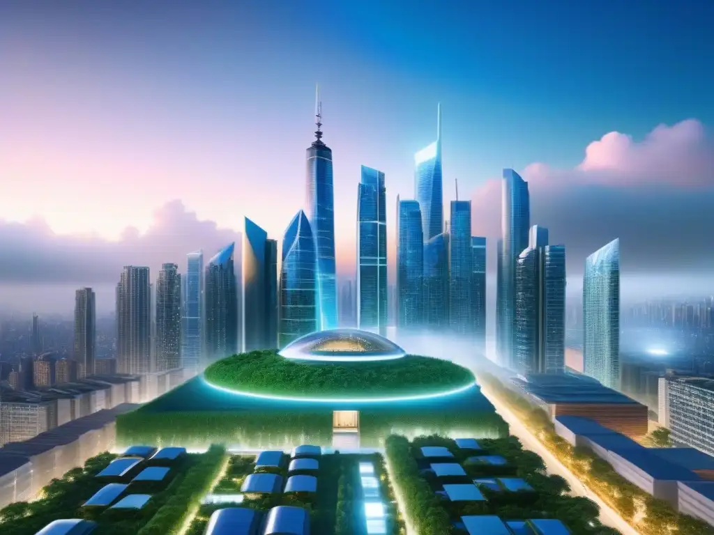 Metrópolis futurista: fusión de naturaleza y tecnología en 8k Futurista ciudad con rascacielos interconectados por pasarelas transparentes y vegetación, iluminada en armonía
