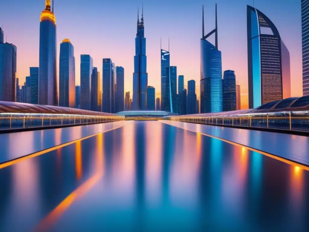 Metrópolis futurista con REITs internacionales brillantes Futurista ciudad con rascacielos internacionales y símbolos REIT brillantes en atardecer vibrante