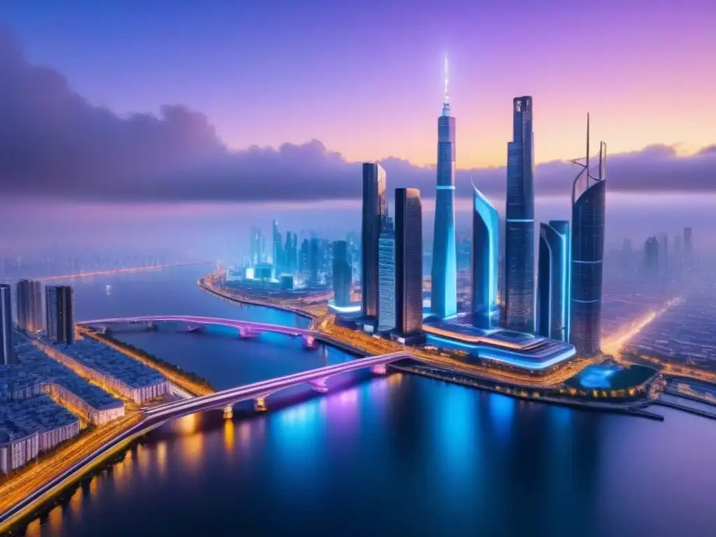 Metrópolis futurista: arquitectura vanguardista y tecnología AI Futurista ciudad con rascacielos, luces de neón, autos voladores y drones