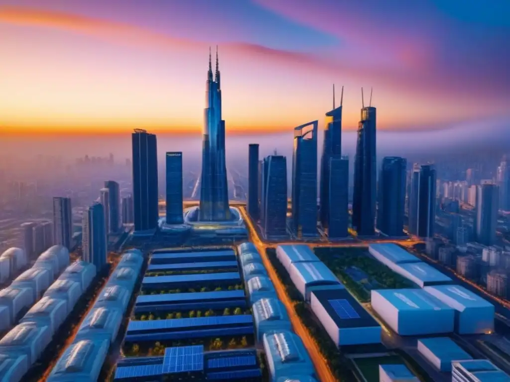 Metrópolis futurista: skyline sostenible en atardecer vibrante Futurista ciudad con rascacielos minimalistas, energía sostenible y vehículos eléctricos