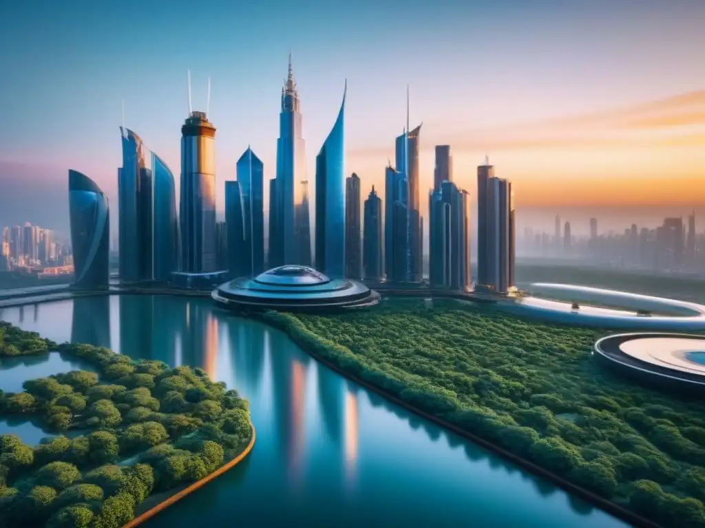 Horizonte futurista: ciudad innovadora con rascacielos de vanguardia Futurista ciudad con rascacielos modernos reflejando el atardecer, rodeada de vegetación y agua