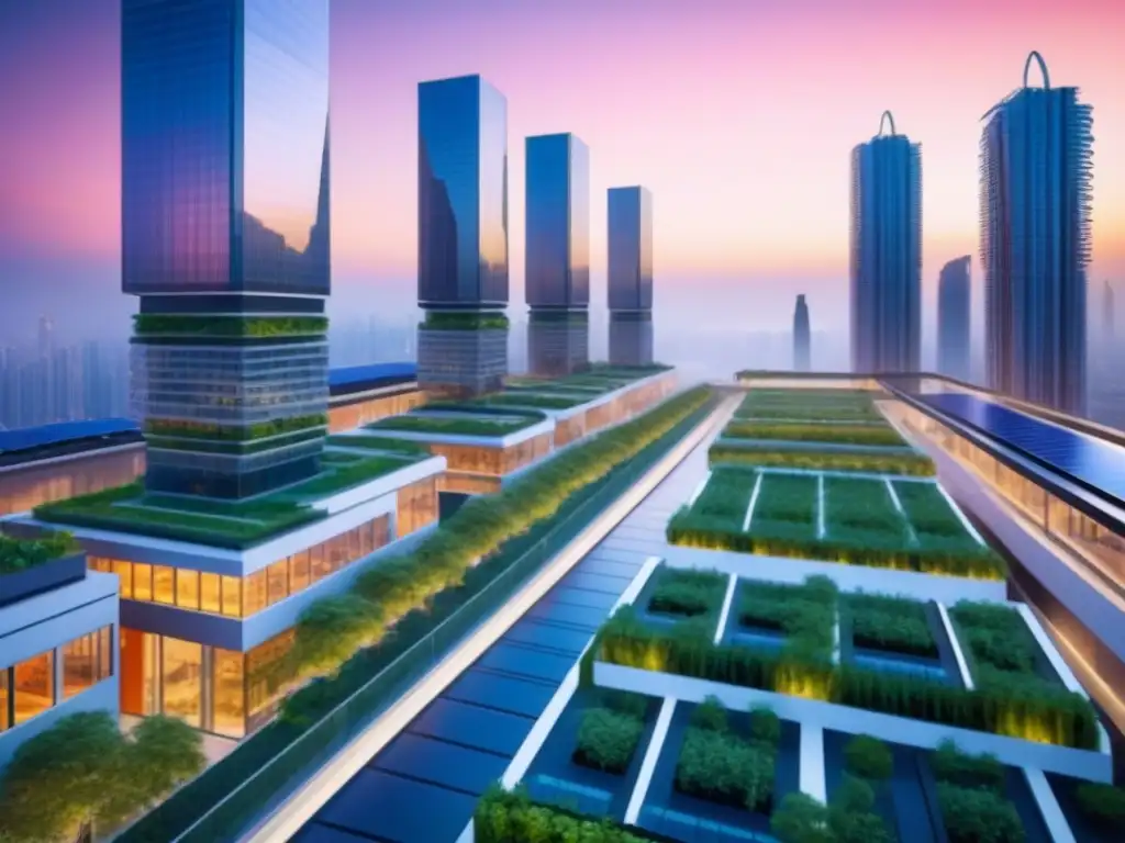 Metrópolis futurista: arquitectura sostenible en armonía con la naturaleza Futurista ciudad con rascacielos modernos reflejando un atardecer colorido, integrando ética y compliance en inmobiliaria