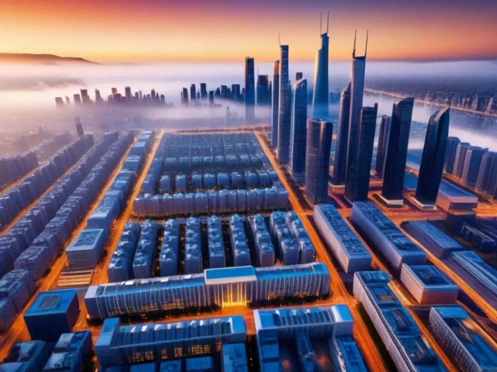 Metropolis futurista 5G: luces, sombras y vanguardia Futurista ciudad con rascacielos modernos y tecnología 5G integrada