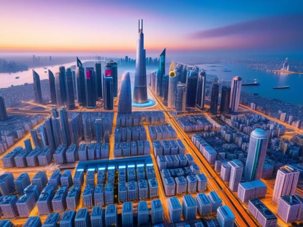 Metrópolis futurista: innovación y eficiencia en PropTech Futurista ciudad al anochecer con rascacielos modernos, autos voladores y personas interactuando en plataformas PropTech mercado inmobiliario