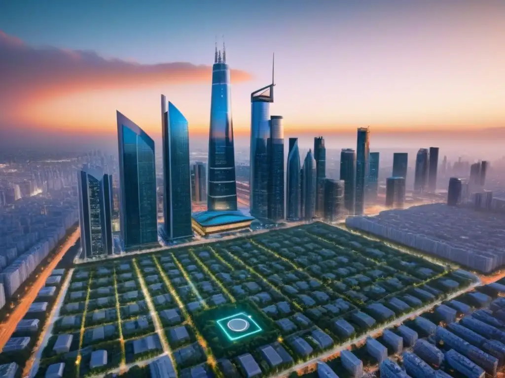 Vista futurista de la ciudad con PropTech innovador Futurista ciudad con rascacielos modernos y tecnología PropTech